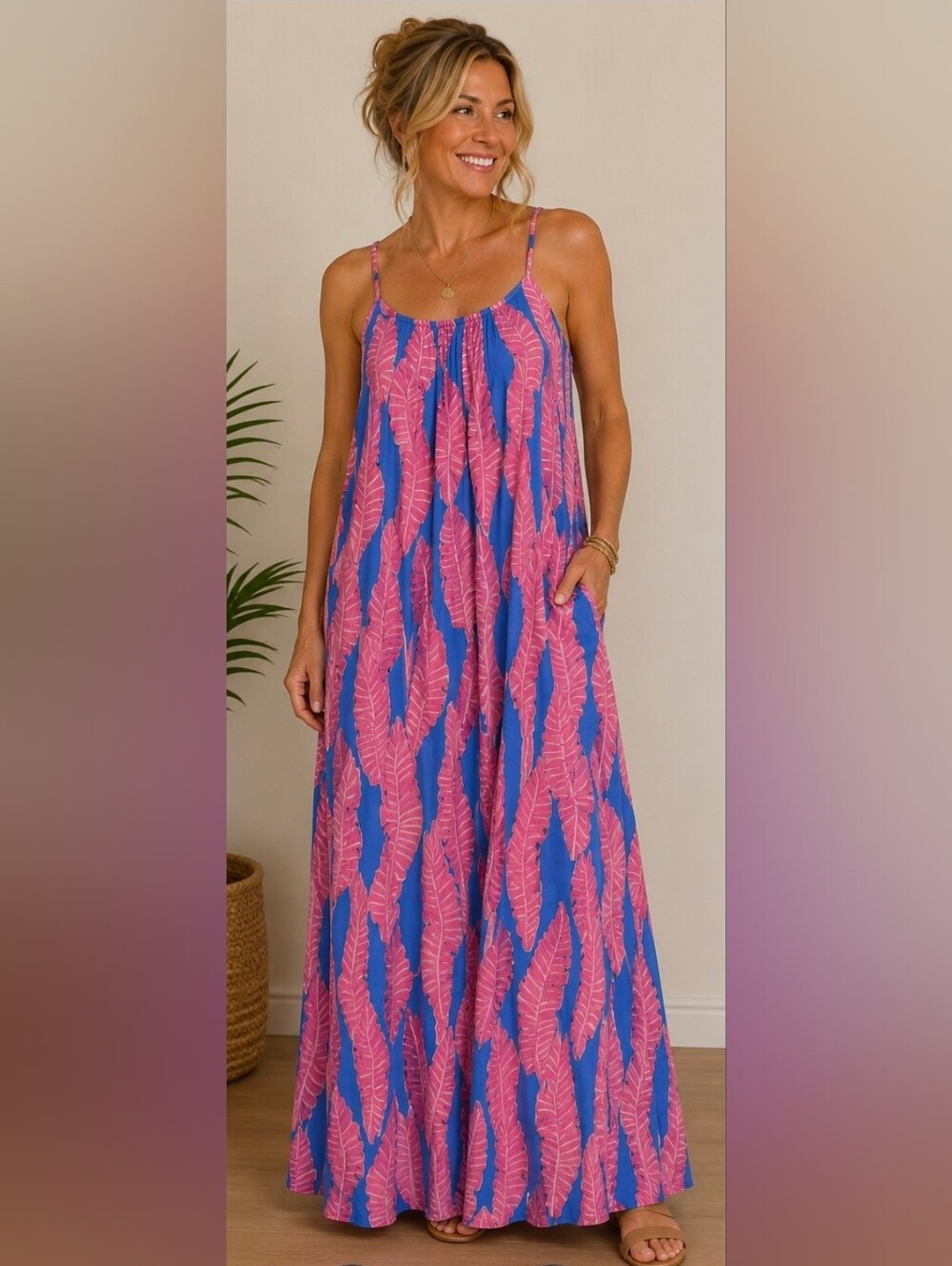 Vineyard Vines Blue Pink Tropical Leaf Linen Blend Maxi Dress Size 4